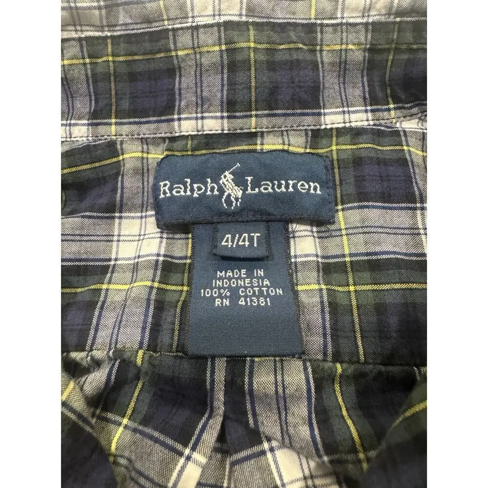 Ralph Lauren Boys Plaid Button Down Shirt 4T Navy Green Cotton Logo